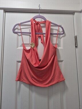 Women’s Coral Halter Draped Tank Top with Floral Accent